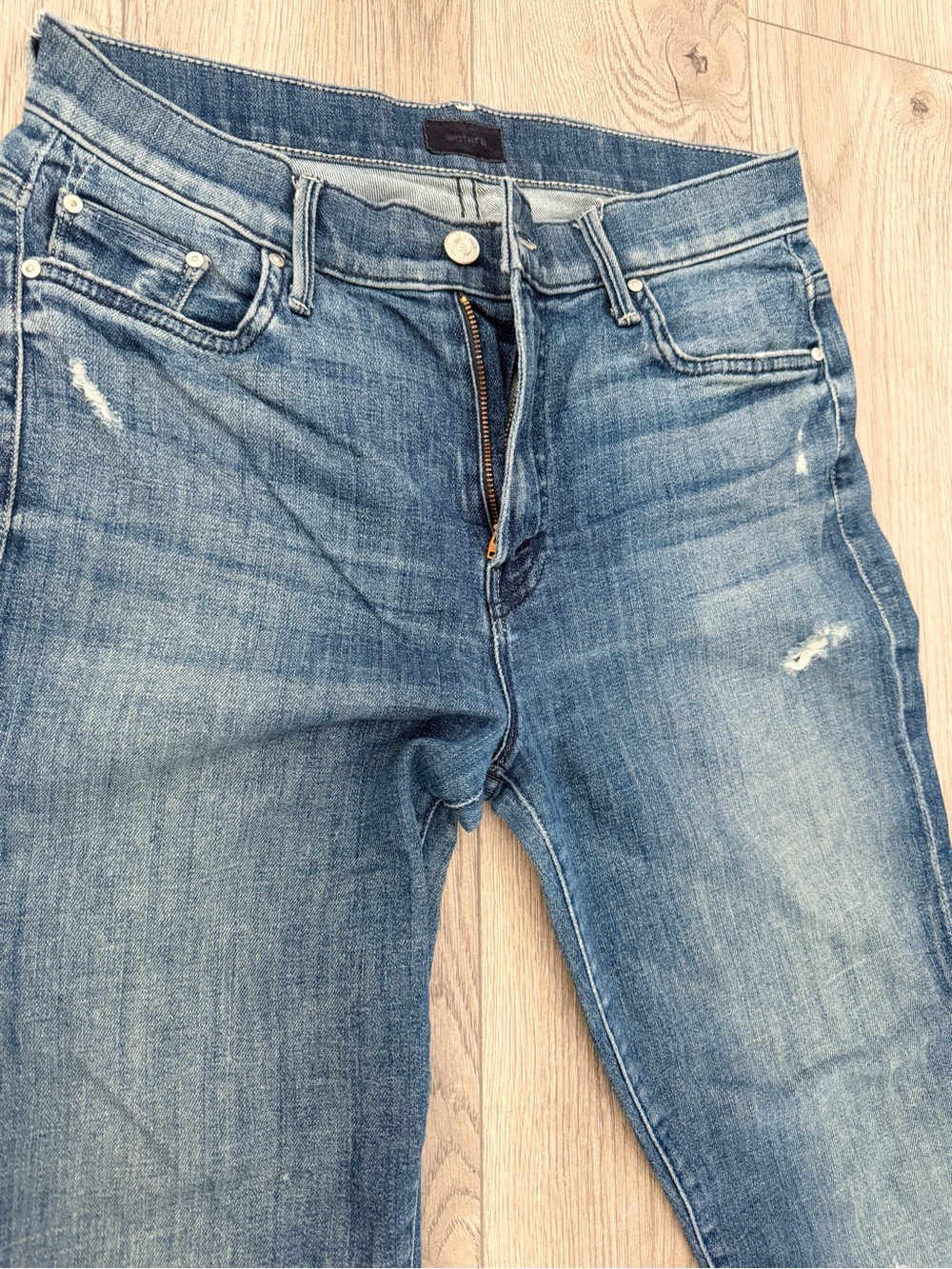 MOTHER Distressed High-Rise Straight Crop Jeans in Medium Blue Wash - Picture 11 of 16